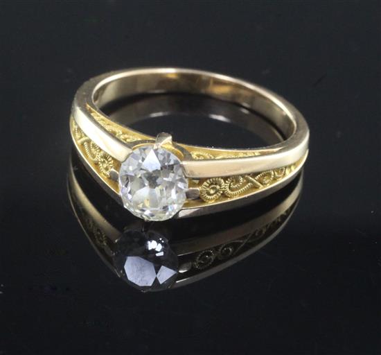 A yellow metal (tests as 14ct) and solitaire oval cut diamond ring, size S.